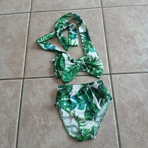 Green Tropical Leaf 6-12m Girls Two-Piece Swimsuit